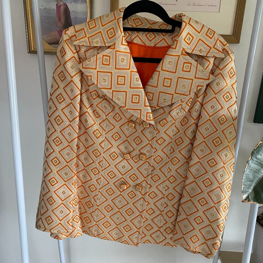 Vintage 70s Geometric Blazer – Orange & Gold Diamond Print, Wide Lapels